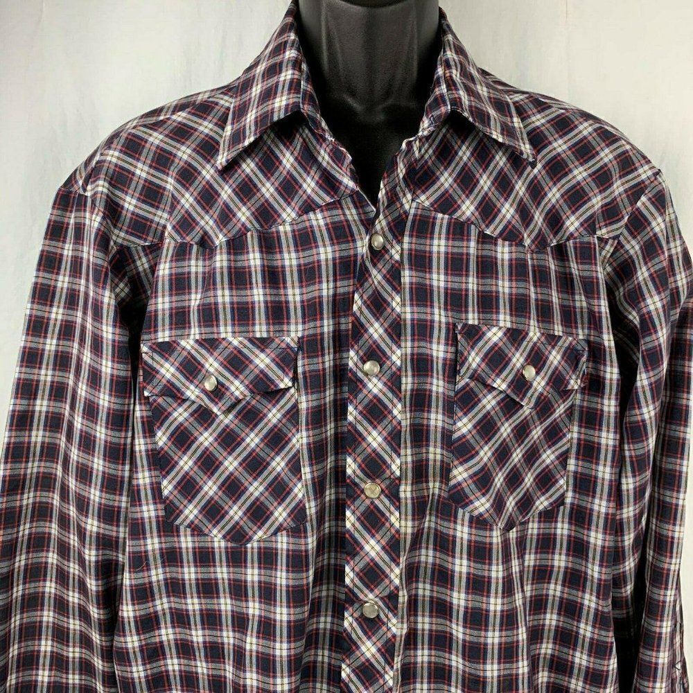 Lariat Western Shirt L Blue Red Plaid Pearl Snap Pockets One Point Long Sleeve